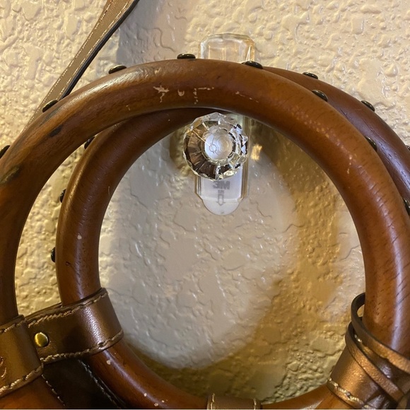 Fossil handbag dark Hawaiian tropical palm print wooden handles or strap - Picture 3 of 13